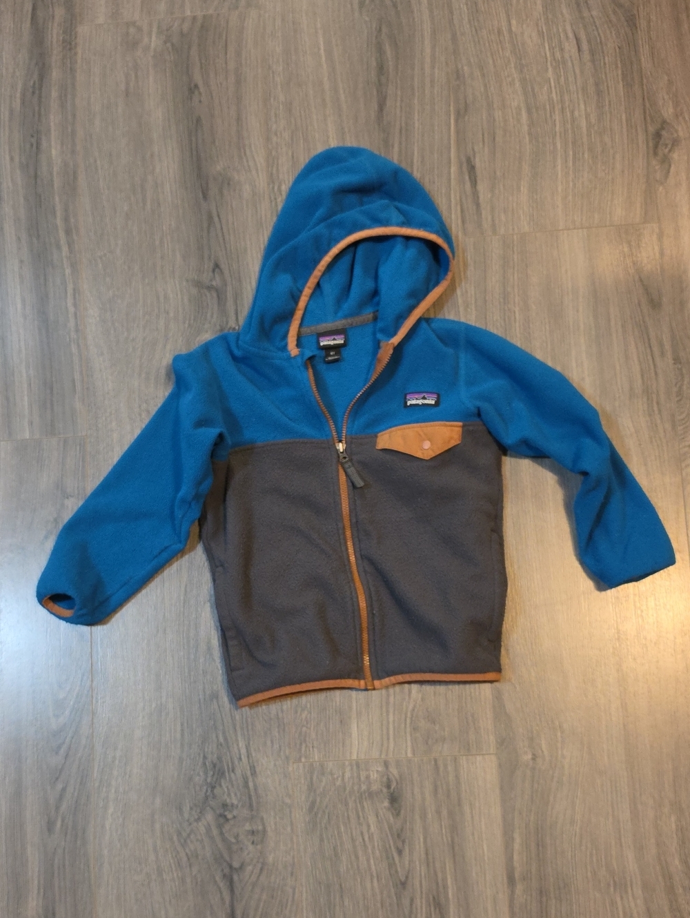 Patagonia Kids Blue and Gray Hooded Fleece with Tan Trim